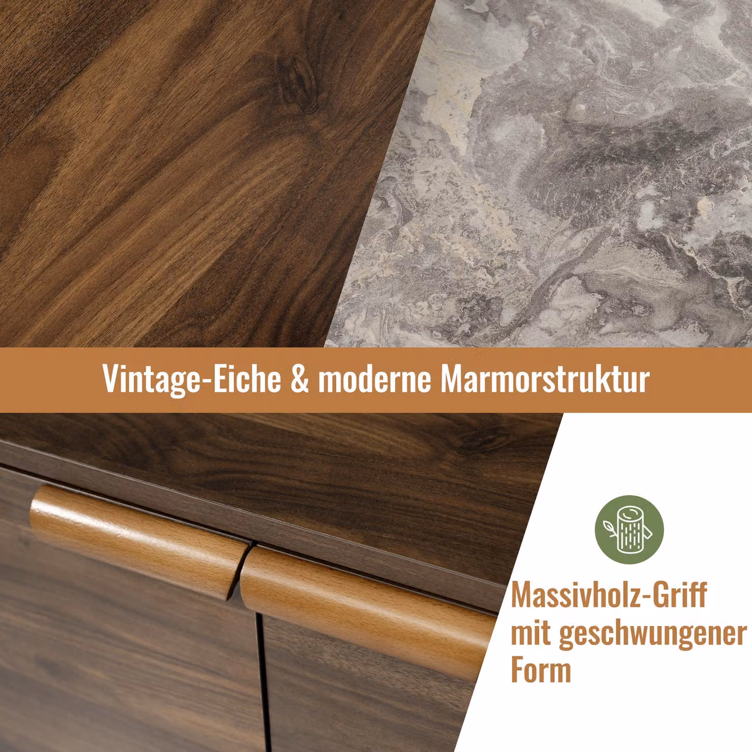 Cassettiera da soggiorno Merax in rovere con piano in marmo, credenza con 3 cassetti e armadio a due ante, gambe in legno massiccio, compatibile con robot sweeping