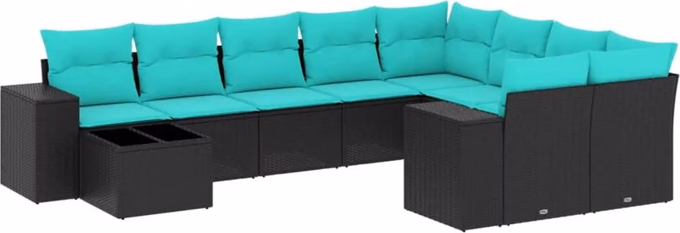 Set Divani da Giardino 10 pz con Cuscini Nero in Polyrattan