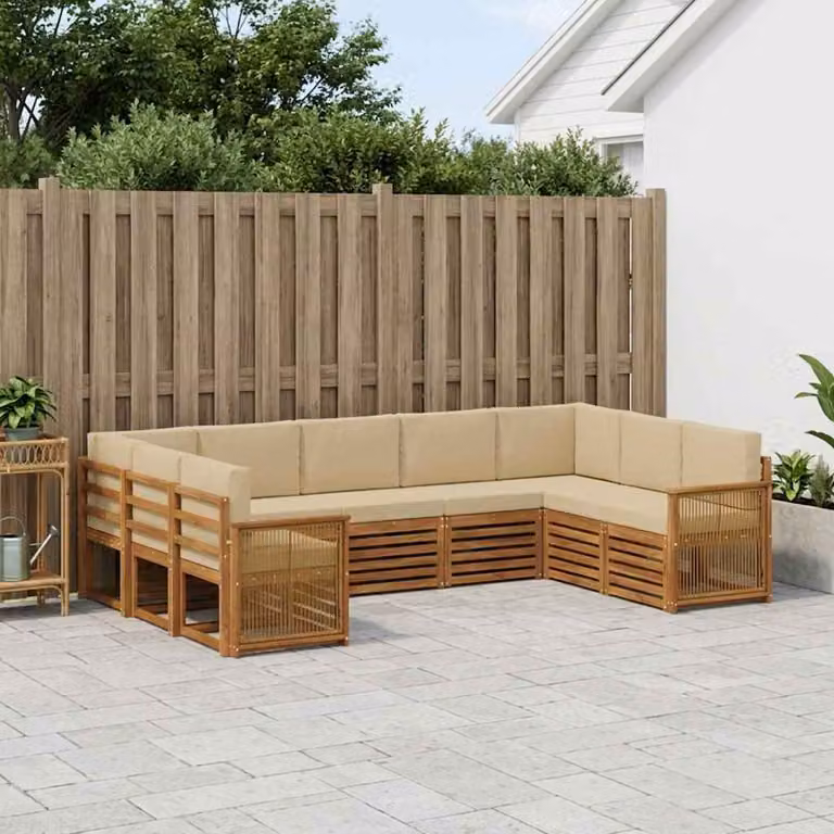 Set di divani da esterno vidaXL 7 pz a forma di L in legno di acacia con cuscini beige e marrone