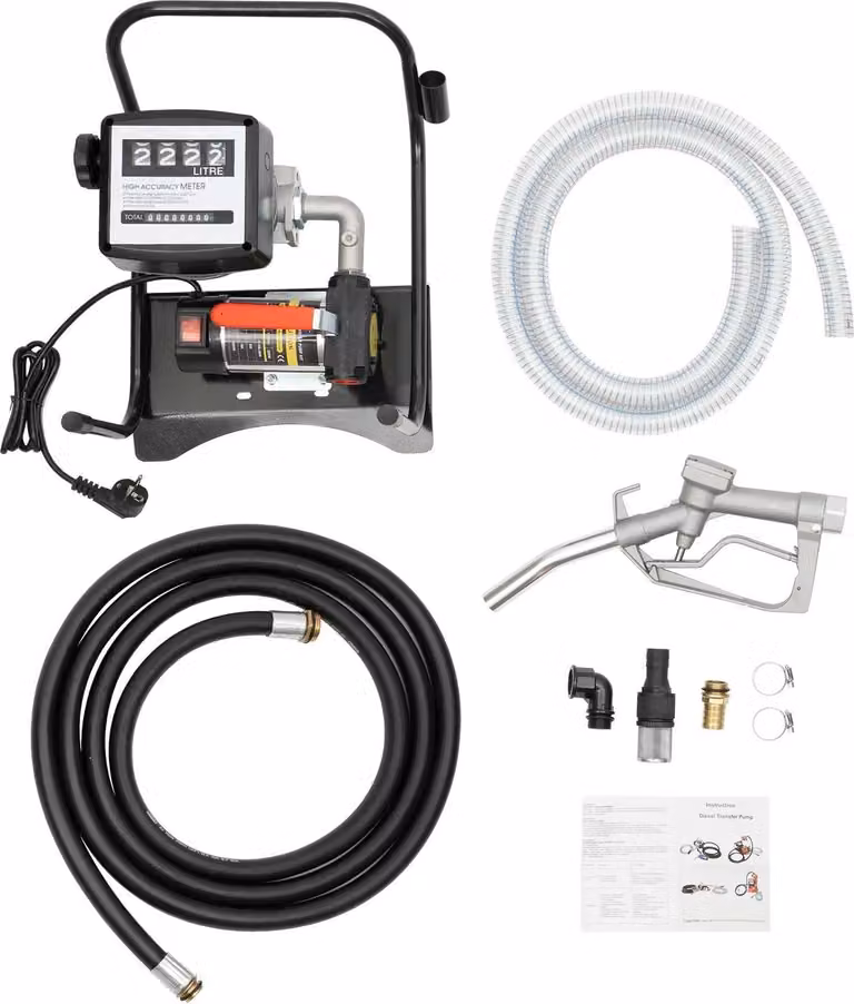 Pompa elettrica di trasferimento diesel - 200 W 220 V spina UE - Portata 45 l/min - Misuratore di portata e pistola di erogazione - Altezza di aspirazione 5 m - Altezza di mandata 10 m - Rosso