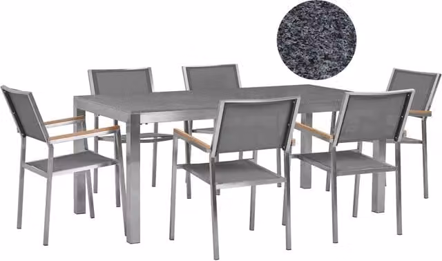 Set da pranzo da giardino Beliani grigio con piano in pietra naturale per 6 persone L: 178 cm, P: 90 cm, H: 76 cm