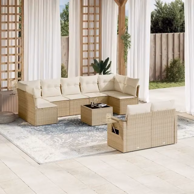 Set da giardino VIDAXL in polyrattan composto da 10 pezzi con cuscini beige in tessuto design moderno a L – 1