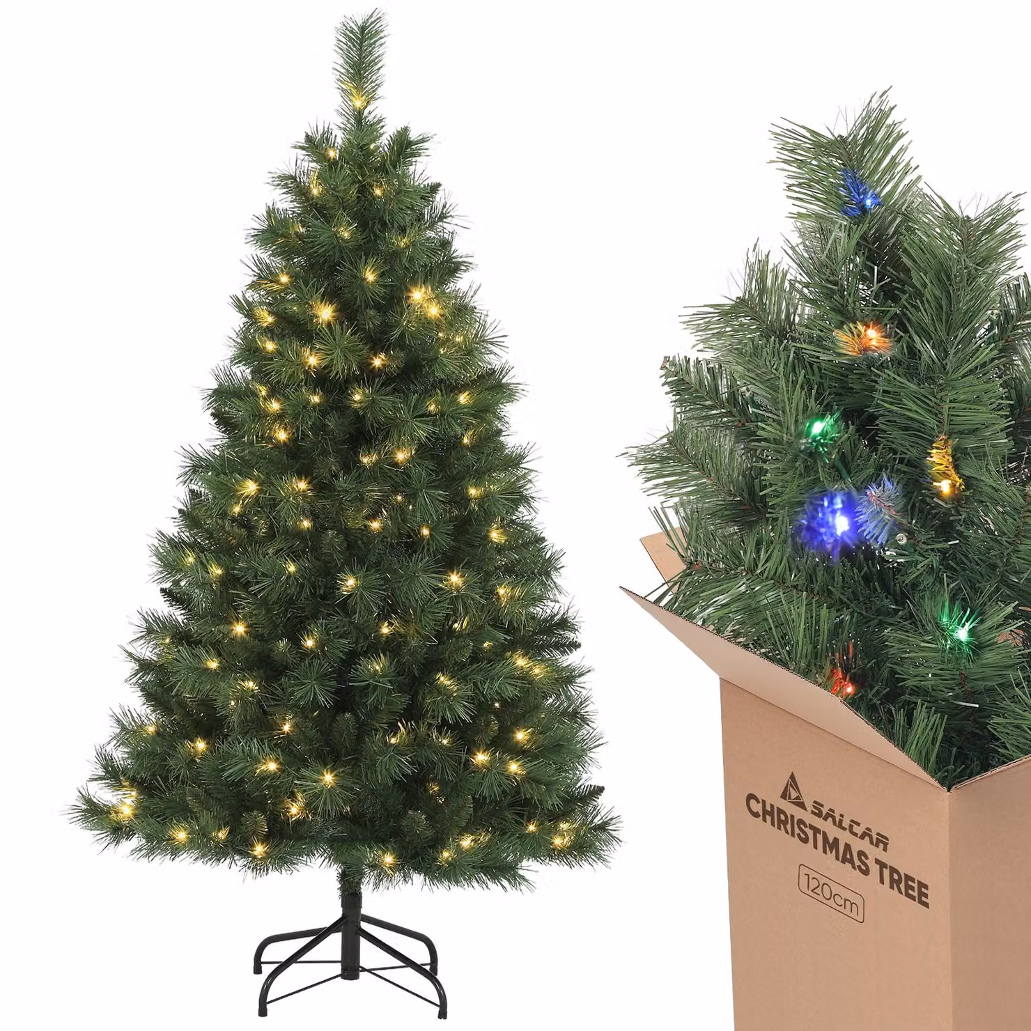 Albero di Natale artificiale Salcar da 120 cm con illuminazione, 2 colori di luce (bianco caldo/colorato), albero di Natale a LED con telecomando incluso