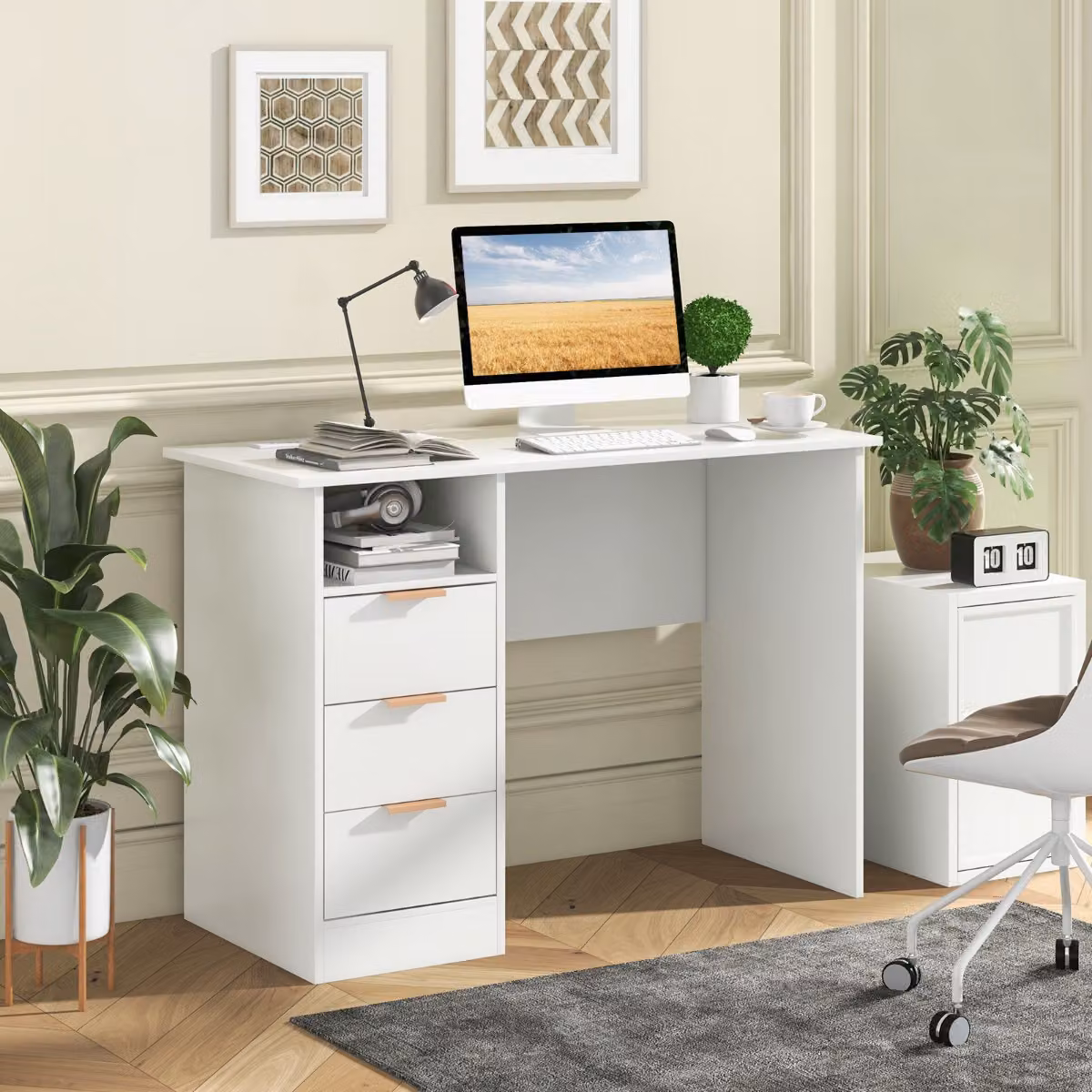 Costway Scrivania Moderna per Computer Bianco e Oro con Piano in MDF Laccato Opaco L: 108 cm, P: 48 cm, H: 76 cm – 2
