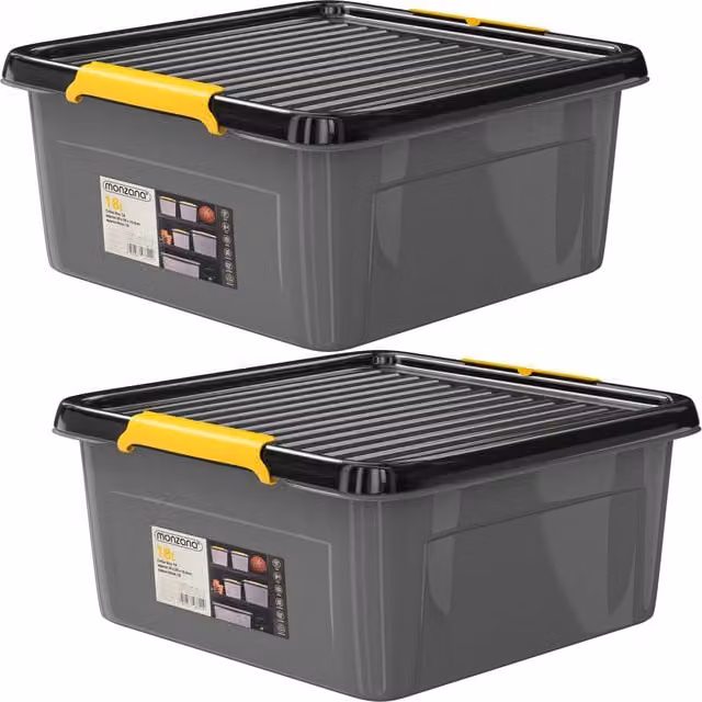 Set da 2 scatole contenitore impilabili Monzana in plastica con coperchio, grigio/antracite/giallo, L/P/H: 39 x 39 x 16 cm – 1