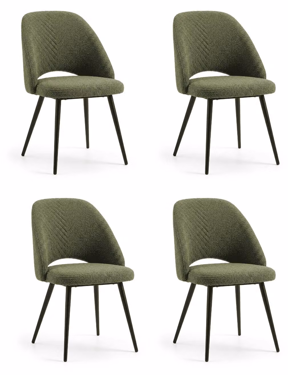 Set di 4 moderne sedie da pranzo, colore verde oliva, tessuto bouclé con motivo a rilievo