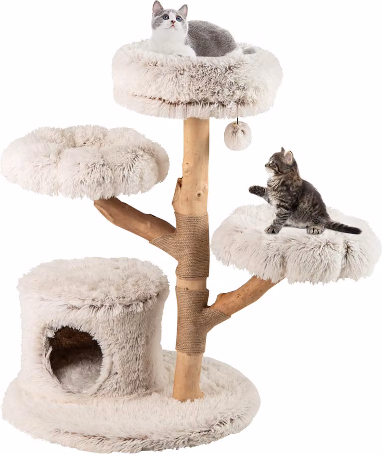 COSTWAY 102cm tiragraffi in legno, albero per gatti con grotta per gatti, sedile in peluche, piattaforme tiragraffi in iuta e palline, mobili per gatti in legno massiccio, bianco