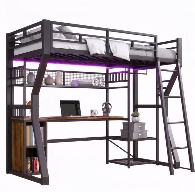 Letto a castello REDOM in metallo nero con scrivania, porta USB e luce integrata, L/P/H: 204 x 90 x 131,5 cm