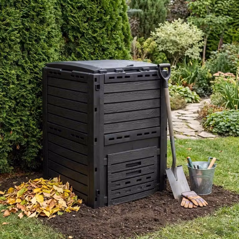 Compostiera da giardino vidaXL in plastica nera, capacità 280 l, L/P/H: 59,5 x 60 x 81,5 cm