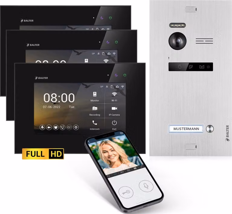 Videocitofono HD con app per smartphone per abitazioni monofamiliari, 3x monitor, Balter EVO HD WLAN argento/nero