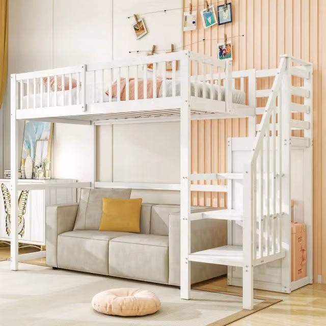 Letto a soppalco 90x200 bianco in legno per bambini con scala e armadio