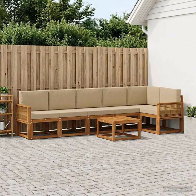 vidaXL Set di divani da esterno 7 pz a forma di L in legno di acacia con cuscini, Beige e Marrone