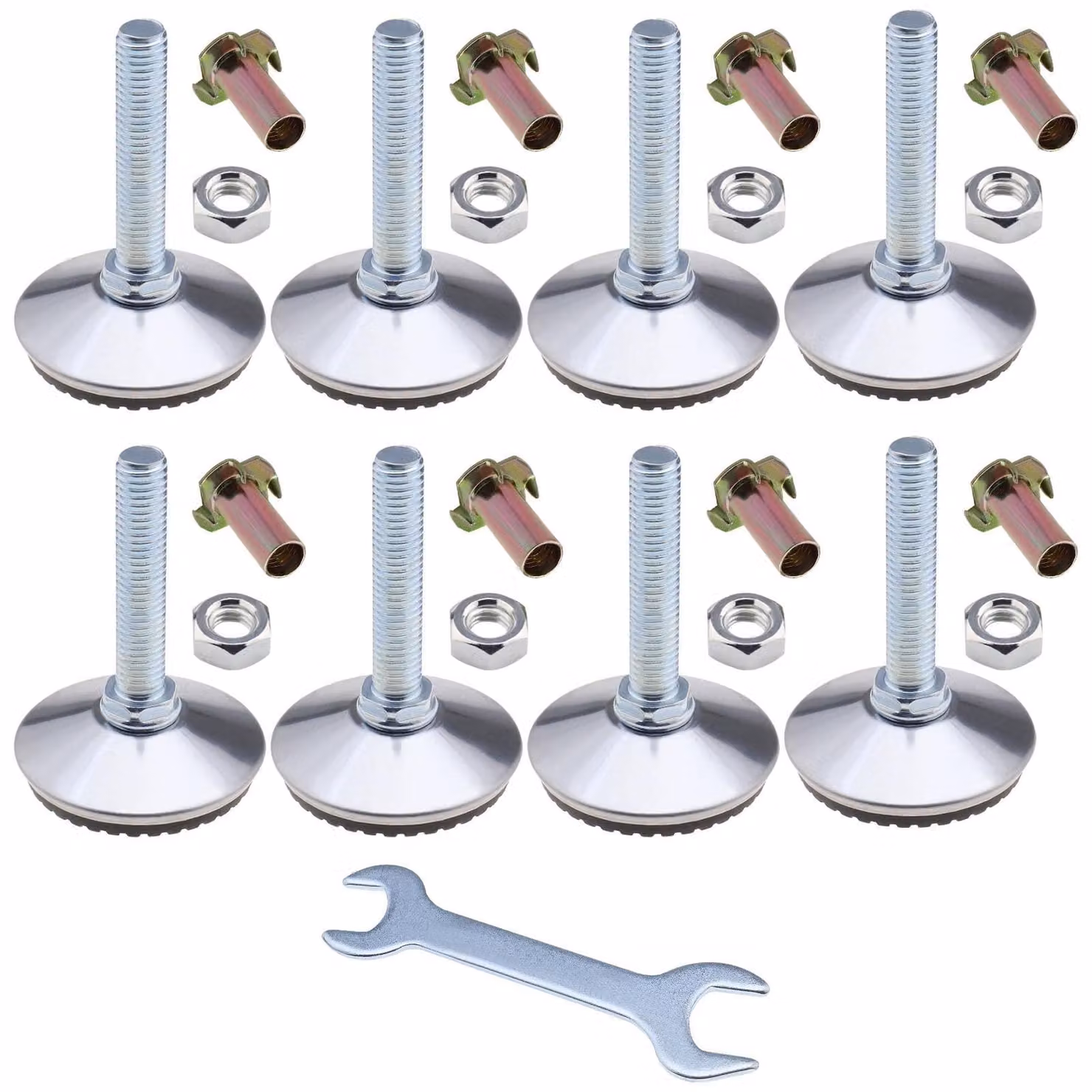 Piedini regolabili per livellare mobili, set da 8 - Regolabili in altezza da 15 a 38 mm - Filetto M10 - Dado a T - Dado di sicurezza - Materiale: metallo/plastica - Livellatori per mobili