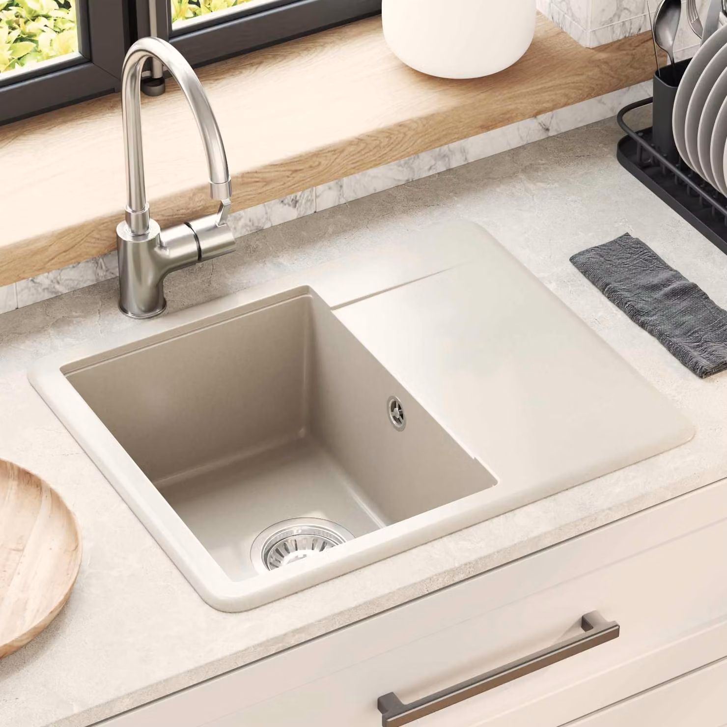 Lavello vidaXL in quarzo e resina, colore beige, L: 56 cm, P: 46 cm – 1