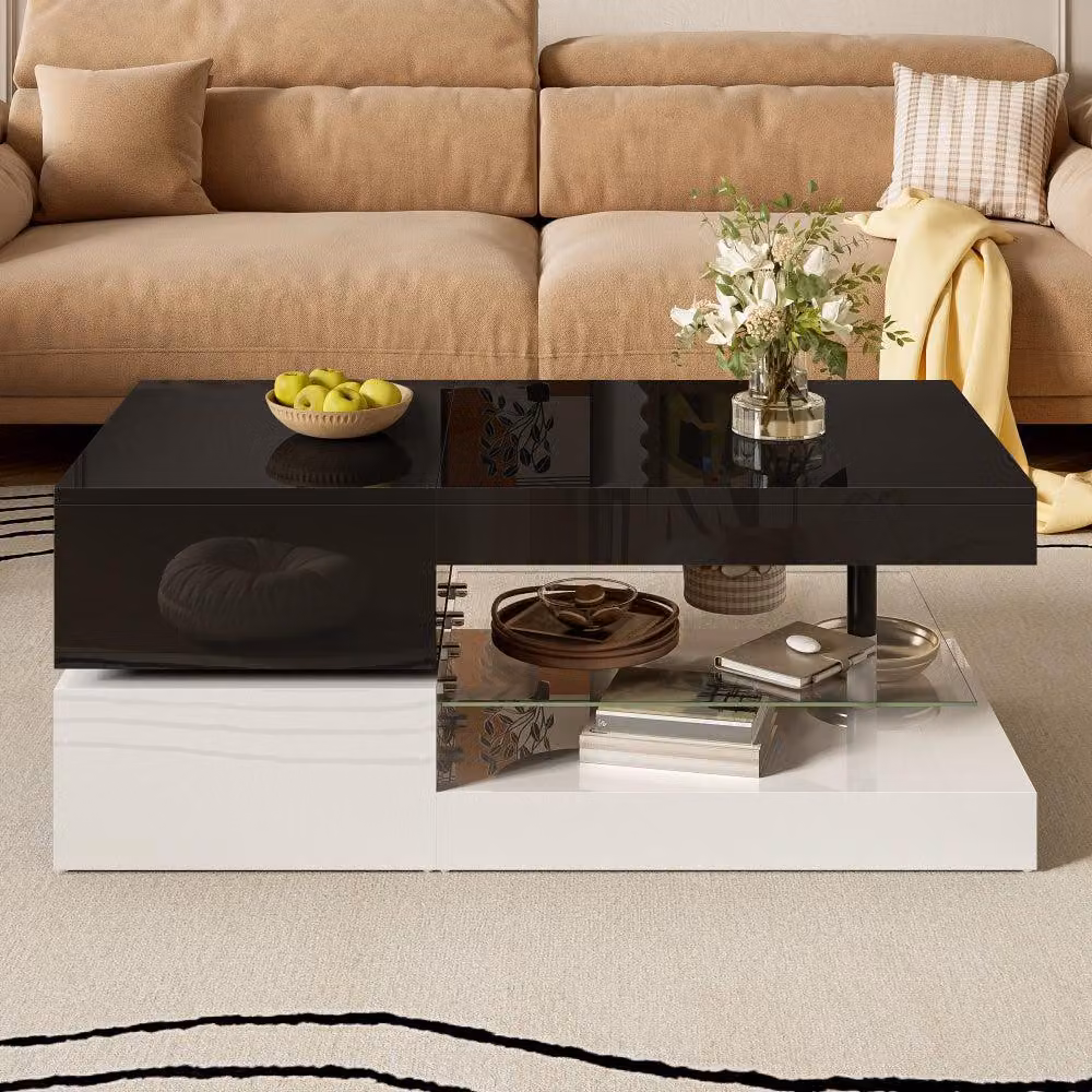 Tavolino moderno – Tavolino in vetro – Design minimalista – Bianco e nero – Con ripiano portaoggetti