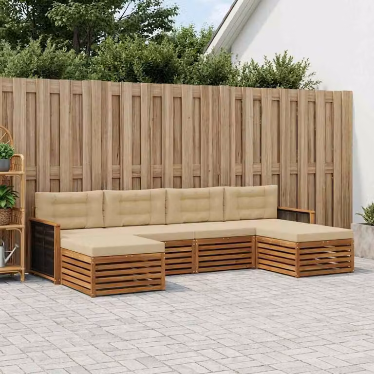 Set di divani da esterno vidaXL a forma di L composto da 6 pezzi in legno di acacia massello con cuscini beige e marroni