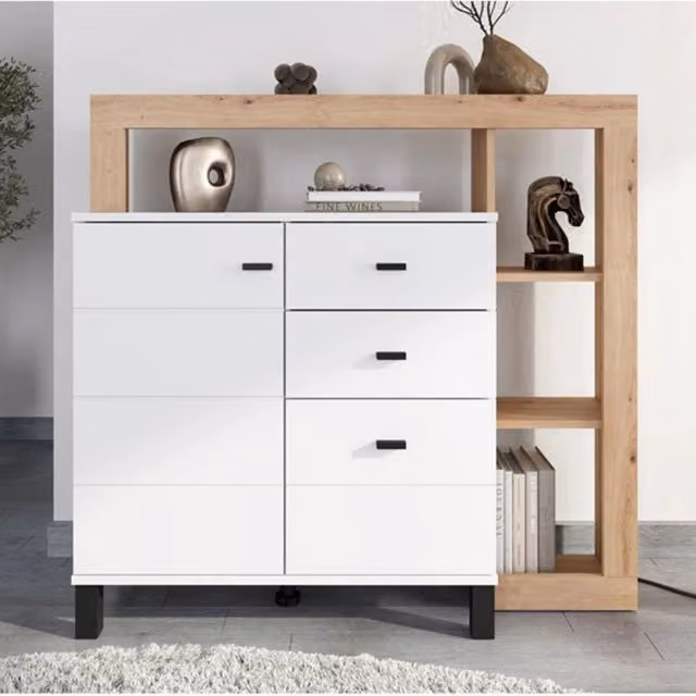 Madia Coloni DMORA con 4 ripiani, design moderno, Bianco Opaco e Rovere, L: 106 cm, P: 35 cm, H: 101 cm – 1