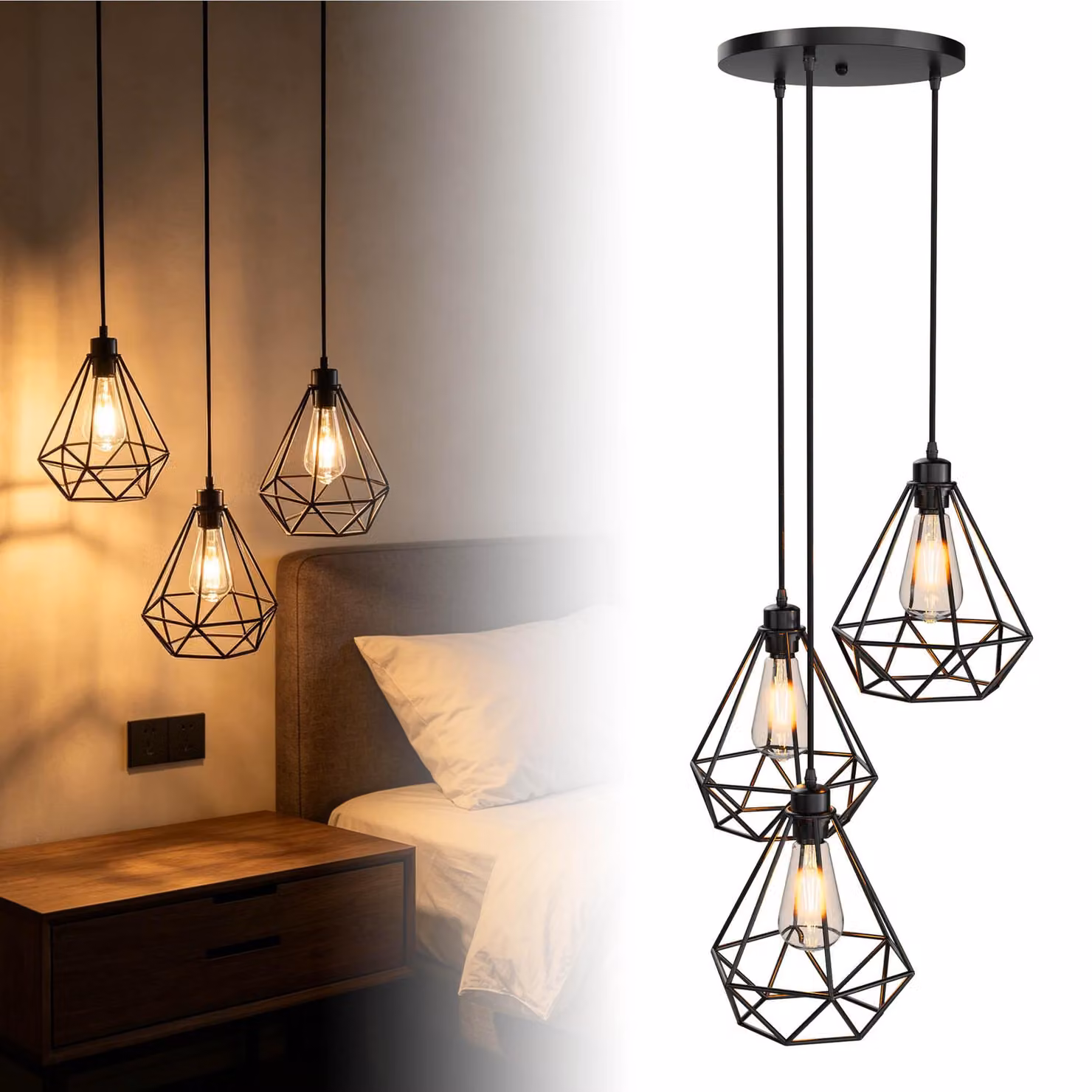 Lampada a sospensione VA-Cerulean, 3 luci, base rotonda, stile vintage, griglia decorativa, colore nero, altezza regolabile, con attacco E27, ideale per tavoli da pranzo e soggiorni