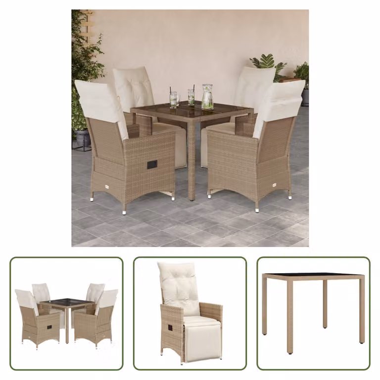The Living Store Set da giardino bistrot 5 pezzi con cuscini Beige in poly rattan