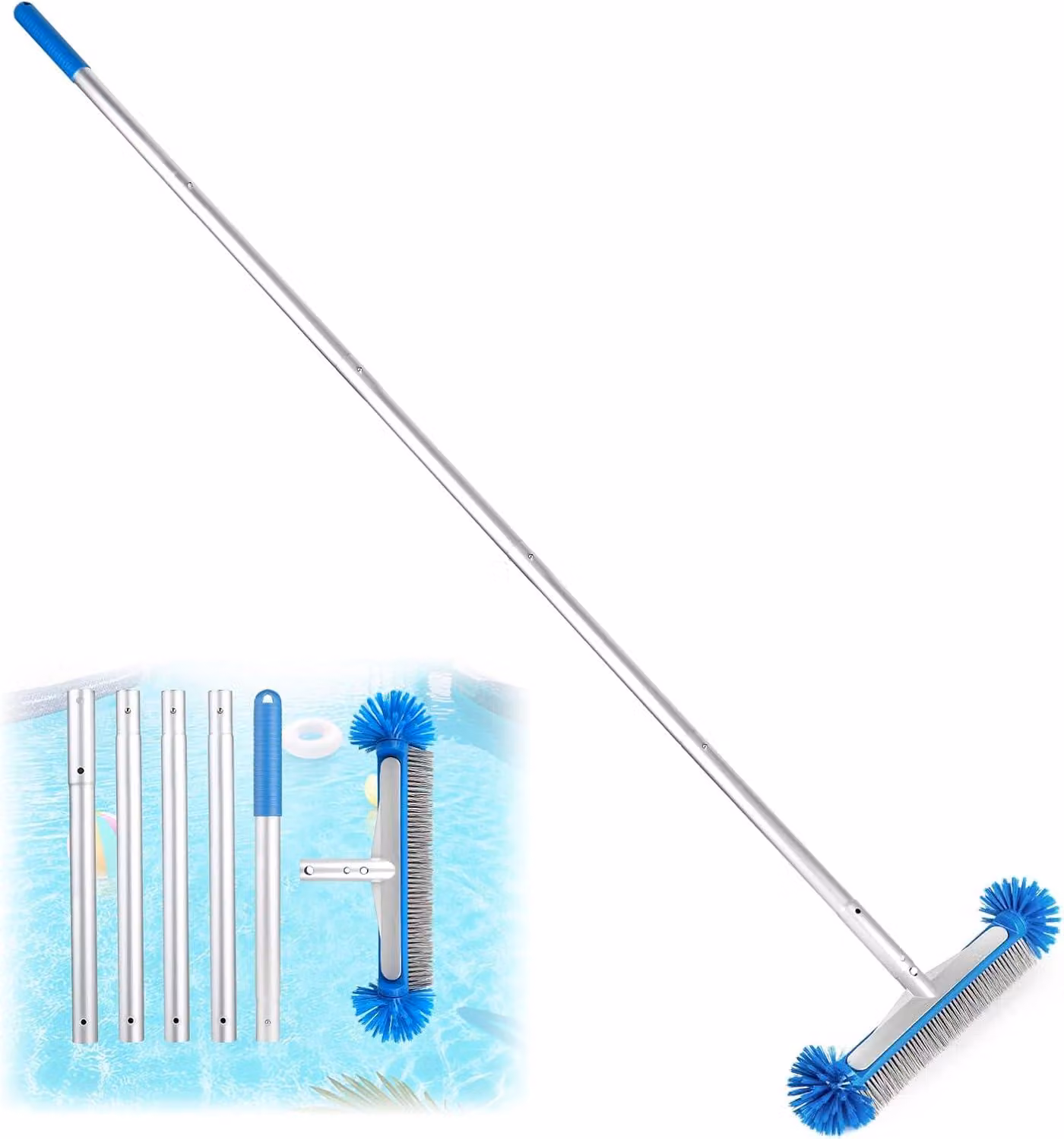 Spazzola per piscina, 43 cm, con manico in alluminio, manico removibile, divisa in due parti, per piscine