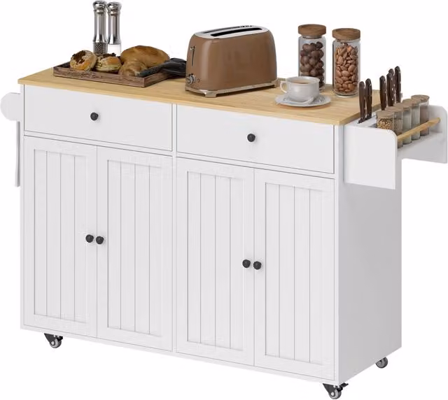Carrello da cucina con ruote XYLO in MDF bianco con 2 cassetti, 2 ante, portaspezie e portacoltelli, L: 43,0 cm, P: 37,84 cm, H: 89,0 cm