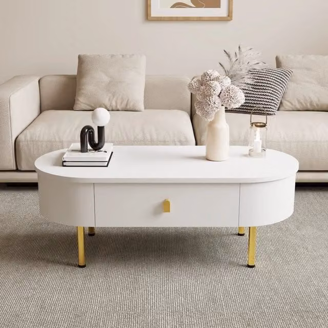 Tavolino da salotto Zephmum bianco con dettagli dorati, design moderno con angoli curvi e due cassetti, L/P/H: 50 x 50 x 40 cm