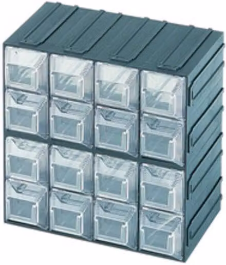 Cassettiera Terry in plastica con 12-16 scomparti, set da 4 pezzi, colori verde e grigio