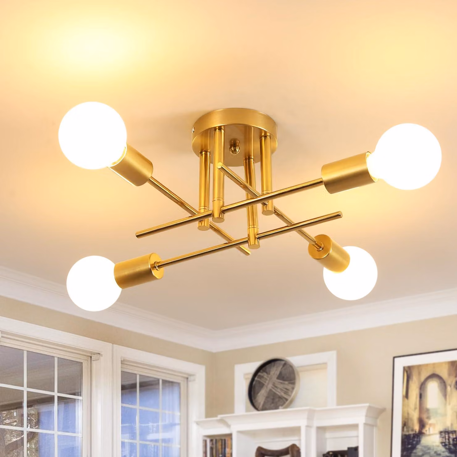 Lampada a soffitto vintage Comely, 4 luci, stile industriale, colore oro, attacco E27 – Oro - 4 luci, 43 cm