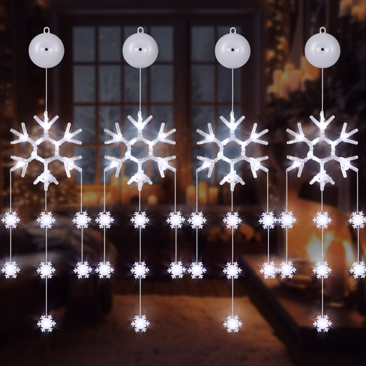 Luci natalizie a 4 pezzi per finestre, a forma di fiocchi di neve