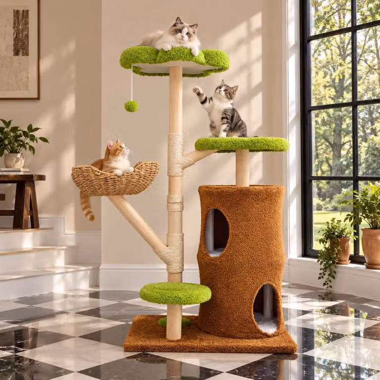 Albero per gatti WISFOR, altezza 136 cm, struttura multistrato con cestino, palla giocattolo, colore verde