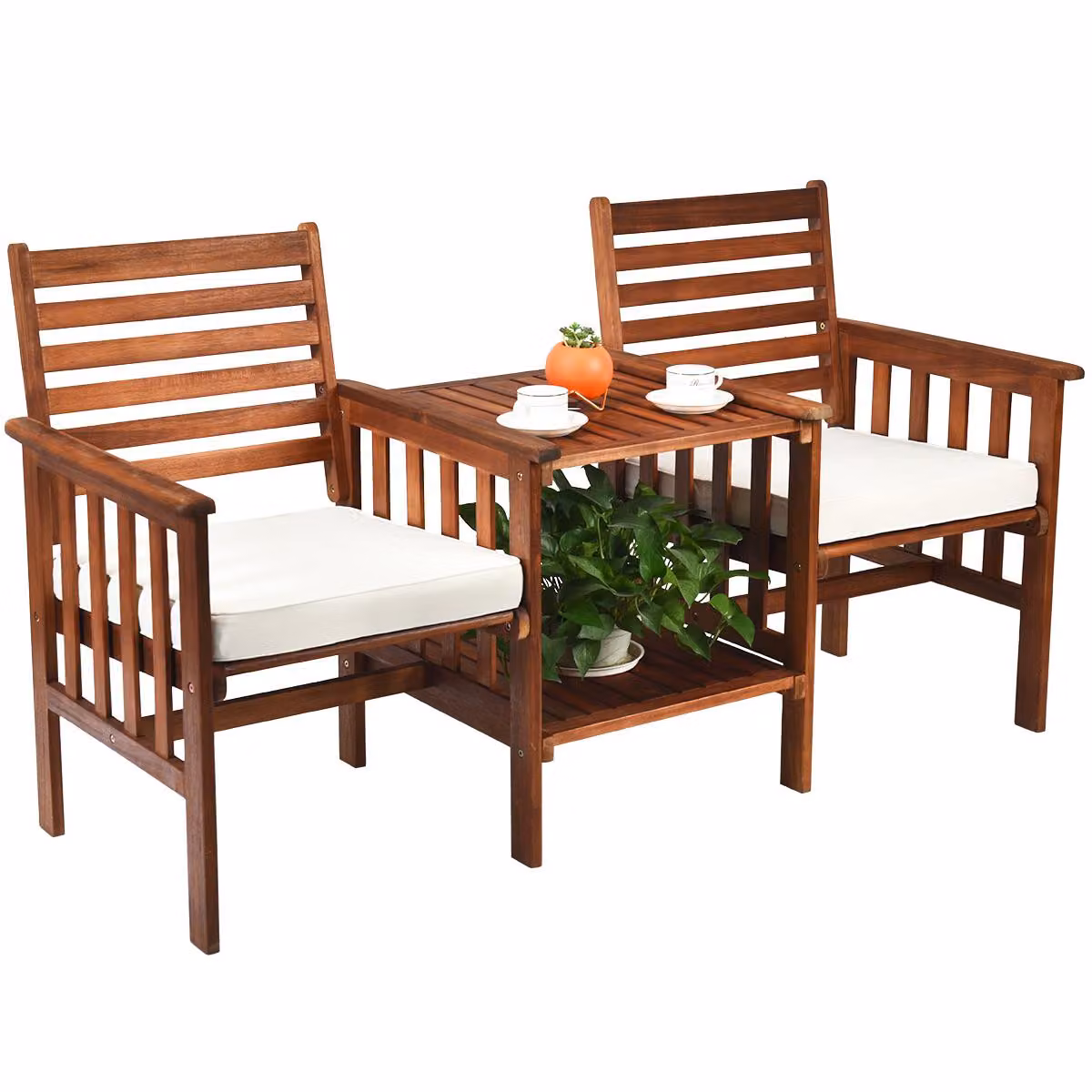 Panchina da giardino COSTWAY con tavolino, panca in legno a 2 posti con cuscini e foro per ombrellone, panca in legno di acacia con portata fino a 350 kg, panca da terrazza, 165 x 65 x 88 cm