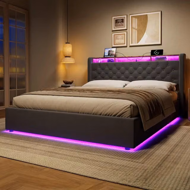 Letto Imbottito Grigio Scuro 160x200 cm con Testiera Contenitore e Ampio Vano Sottoletto