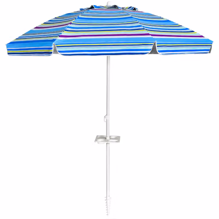 COSTWAY ombrellone da spiaggia 200cm, ombrellone da spiaggia con portabicchieri e picco a terra, ombrellone da giardino antivento, UPF 50+, pieghevole a 30°, protezione solare blu