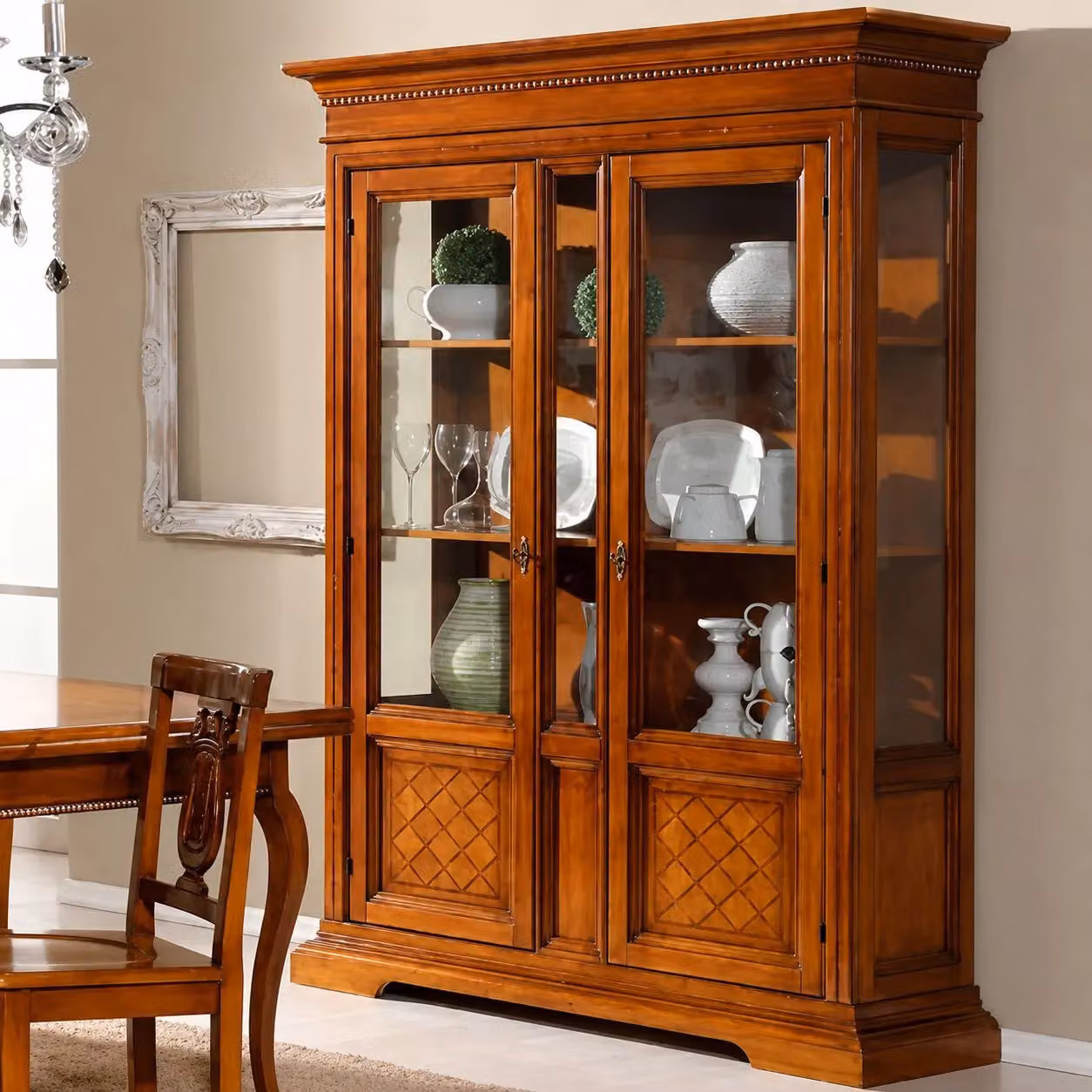 Vetrina a 2 ante in legno stile arte povera con ante in vetro Mobili 2G colore noce L: 146 cm, P: 53 cm, H: 213 cm – 3