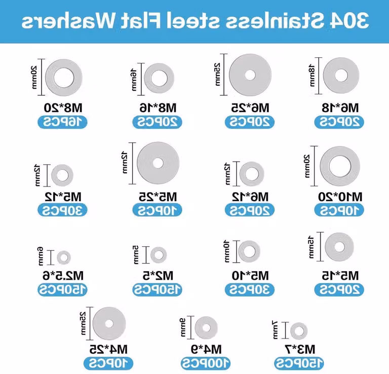 Set completo di 746 rondelle in acciaio inossidabile – assortimento di anelli piatti per viti e bulloni da M2 a M10, ideale per lavori di bricolage e riparazioni
