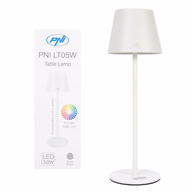 Lampada da tavolo RGB PNI LTW05, da 3W, con batteria integrata, ricaricabile tramite USB, colore bianco