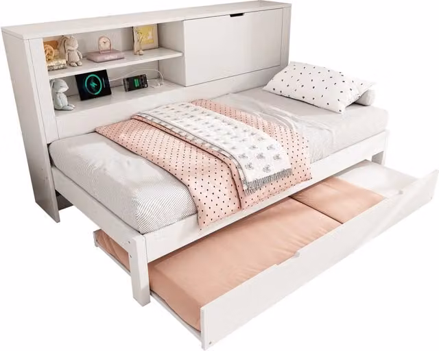 Letto singolo estraibile con contenitore e ripiani laterali, porte USB e USB-C, in legno bianco, L/P/H: 90 x 200 x 120 cm