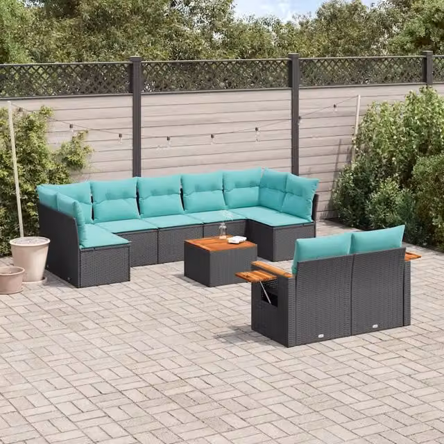 Set Divani da Giardino 10 pz con Cuscini Nero in Polyrattan 3227135