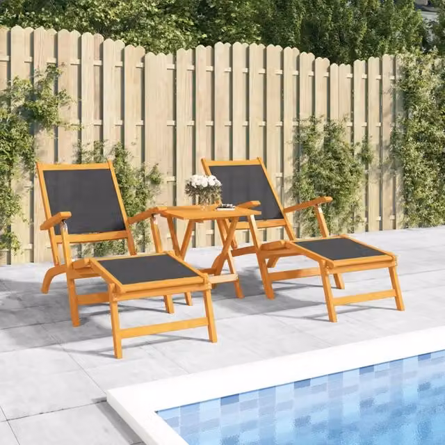 Set di 3 sedie a sdraio con tavolo vidaXL in legno di acacia oliato e textilene nero per giardino e terrazzo – 1