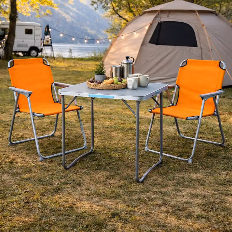 Set di mobili da campeggio in alluminio, 3 pezzi, L 80 x P 60 x H 68 cm, arancione