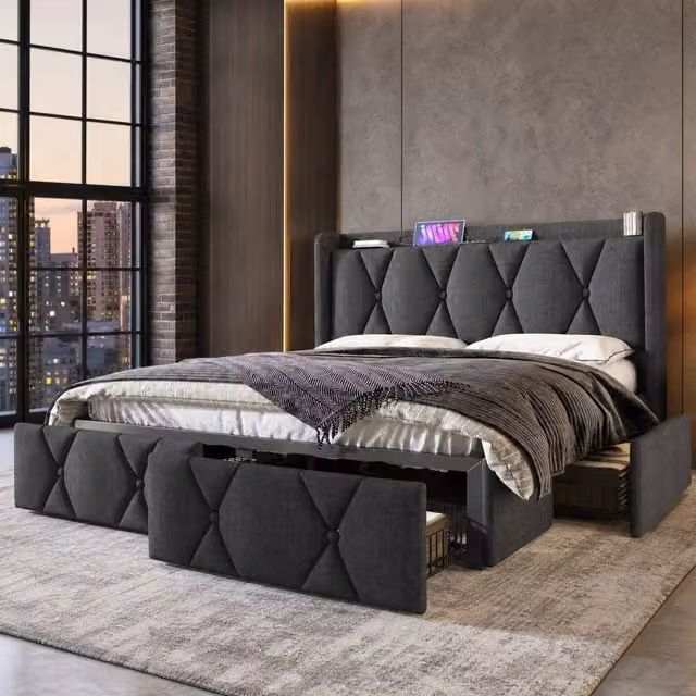 Letto matrimoniale 160 × 200 cm con 4 cassetti, prese e porte USB, senza materasso, in lino grigio