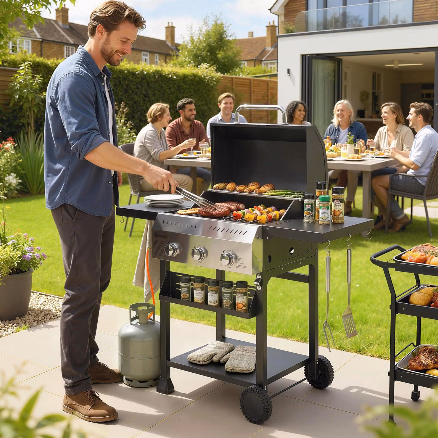 Griglia a gas da 9 kW con 3 bruciatori | Colore: nero | Dimensioni: 123x57x102 cm