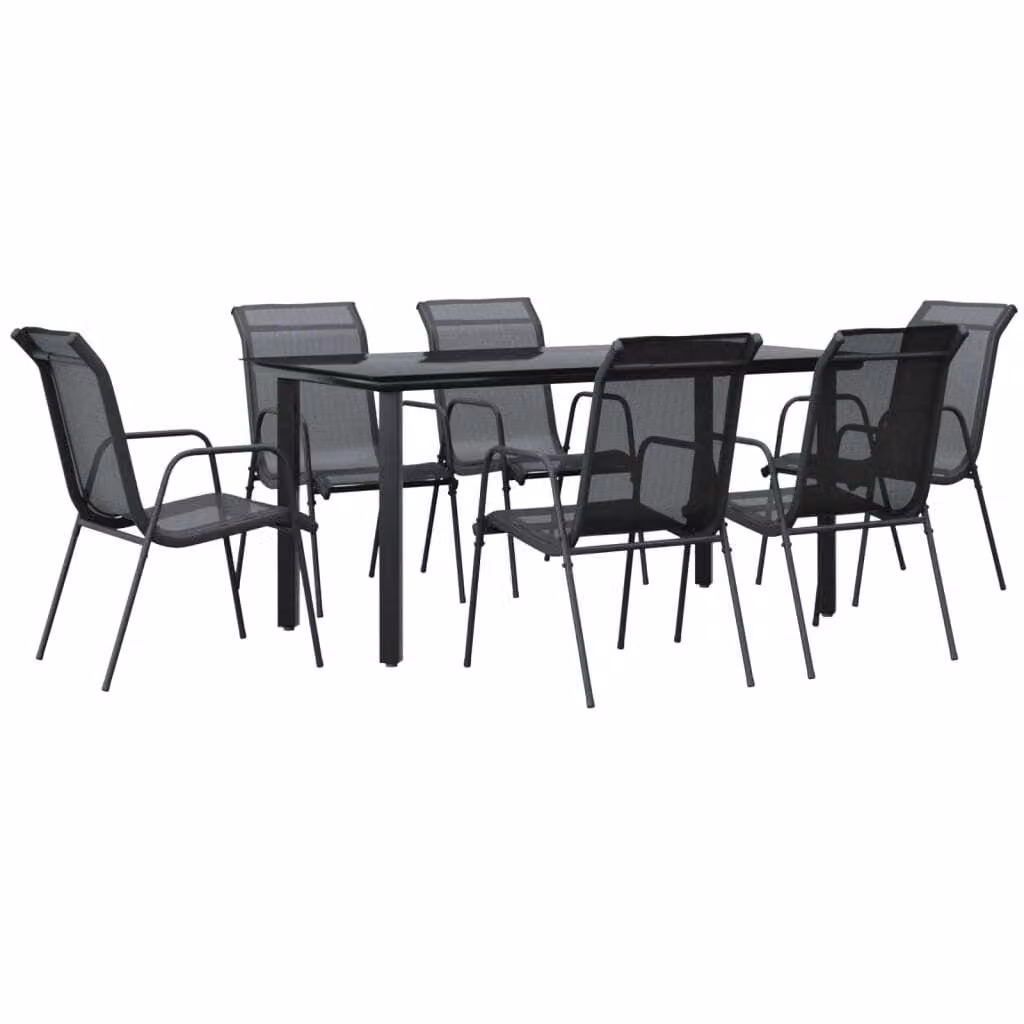 Set da Pranzo da Giardino 7 pz Nero in Acciaio e Textilene