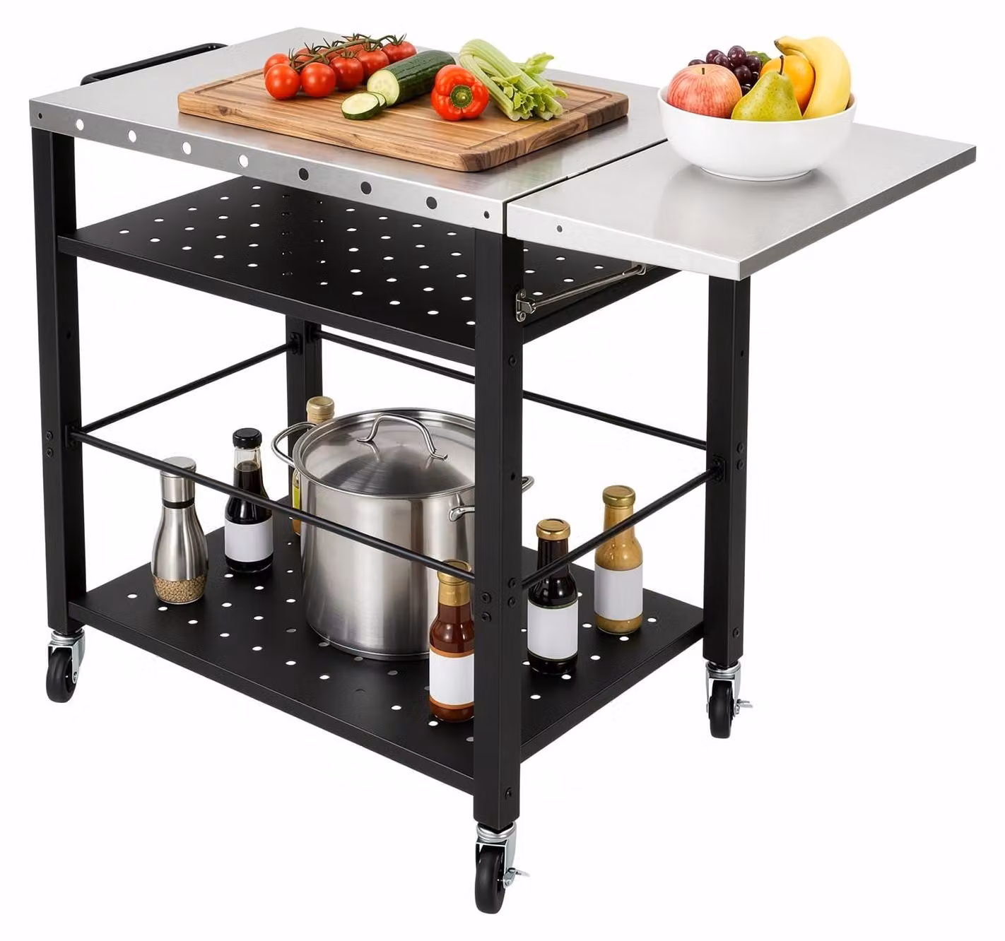 Carrello per barbecue in acciaio inossidabile, con coperchio pieghevole e 4 ruote