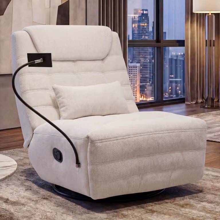 Poltrona relax HWC-P92, poltrona TV, girevole, funzione reclinabile, supporto per cellulare, tessuto ciniglia (260 g/m²) ~ bianco crema