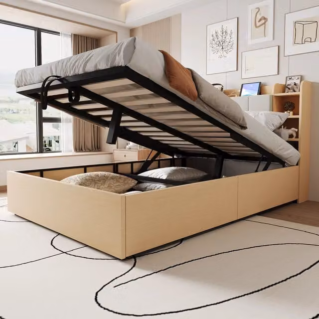 Letto in legno idraulico - Zephmum- 140x200 cm- Colore legno- Testiera con vano portaoggetti, USB