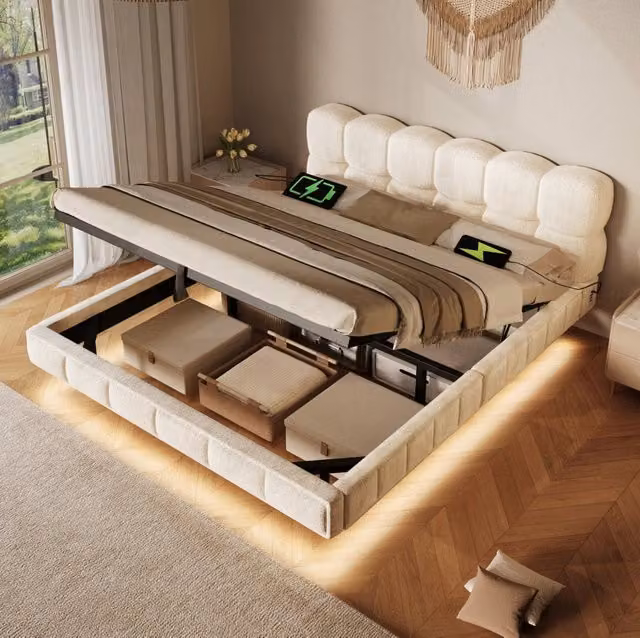 Letto imbottito 140x200 cm con contenitore, LED e USB in ciniglia beige