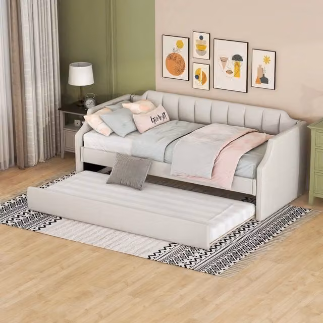 Letto da giorno singolo imbottito 90 x 200 (190) cm con letto a rotelle - Beige