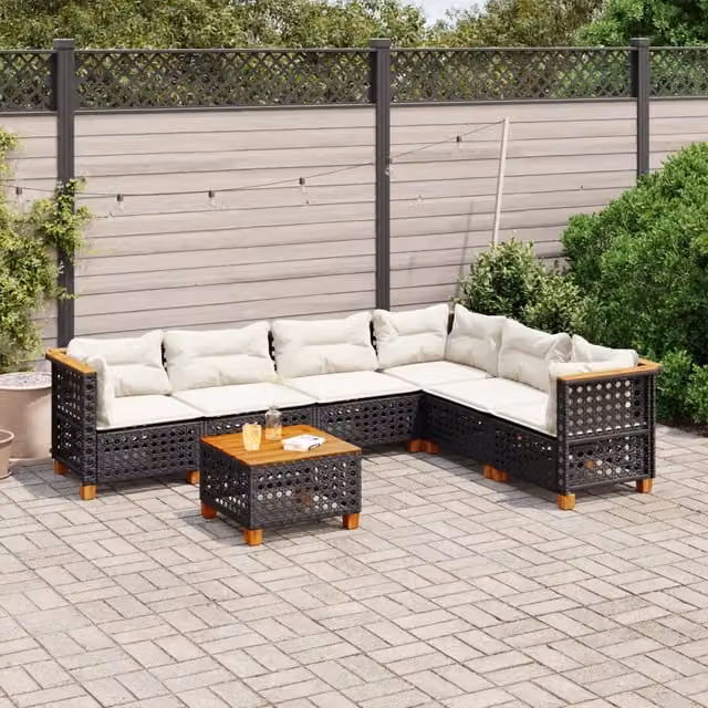 vidaXL Set Divani da Giardino a L con Tavolino e 7 Cuscini in Polyrattan Nero e Bianco