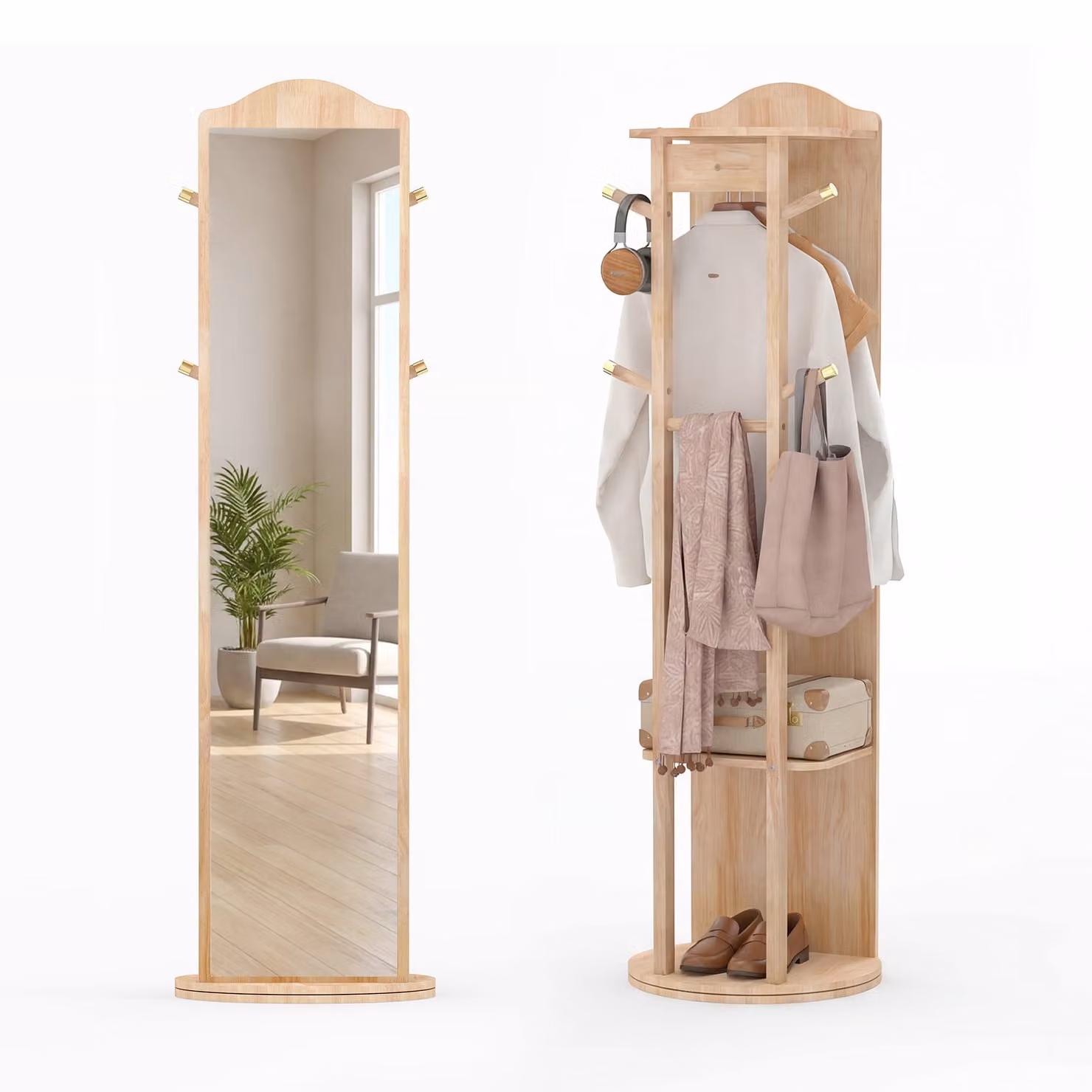 Appendiabiti girevole Costway con specchio intero, ripiani e ganci per ingresso, soggiorno o camera da letto, design moderno in legno, L: 36 cm, H: 154 cm